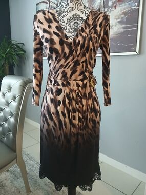 Jennifer Lopez Brown Leopard Print Long Sleeve Wrap Dress with Black Ombre